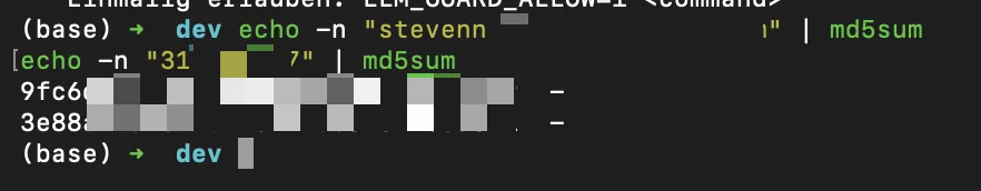 Terminal-Ausgabe zeigt MD5-Hash einer E-Mail-Adresse zur Verifikation der anonymousId
