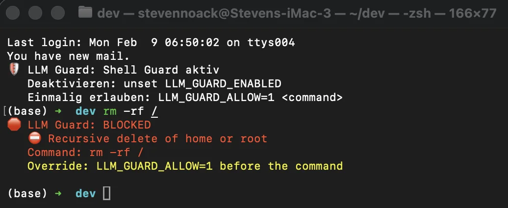 Shell Guard blockt rm -rf / im Terminal